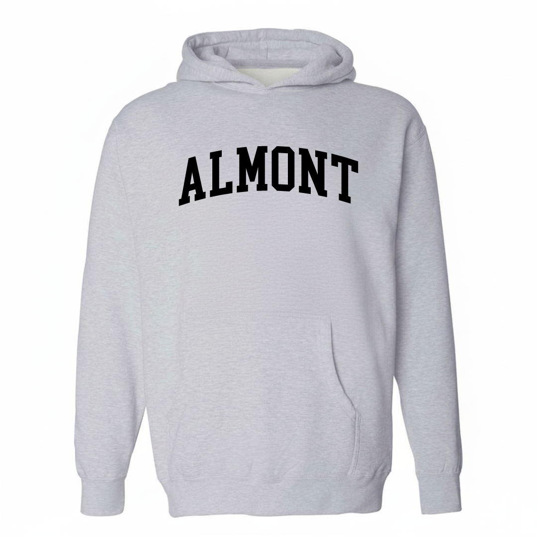 Heather-gray hoodie with the Almont varsity arched lettering design on the chest.
