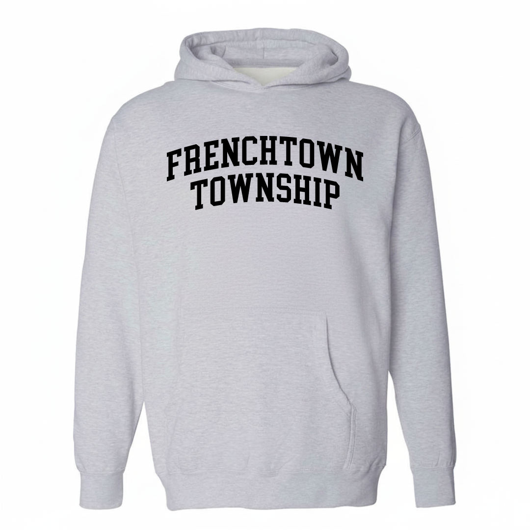 Heather-gray hoodie with the Frenchtown Township varsity arched lettering design on the chest.