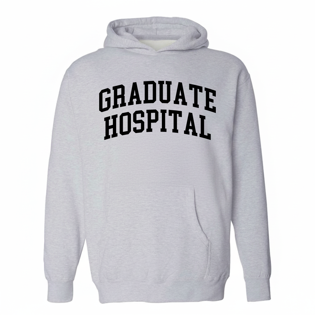Heather-gray hoodie with the Graduate Hospital varsity arched lettering design on the chest.