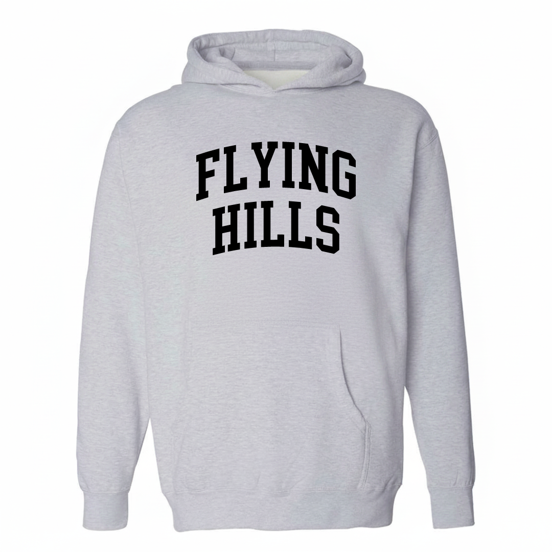 Heather-gray hoodie with the Flying Hills arched lettering varsity design on the chest.