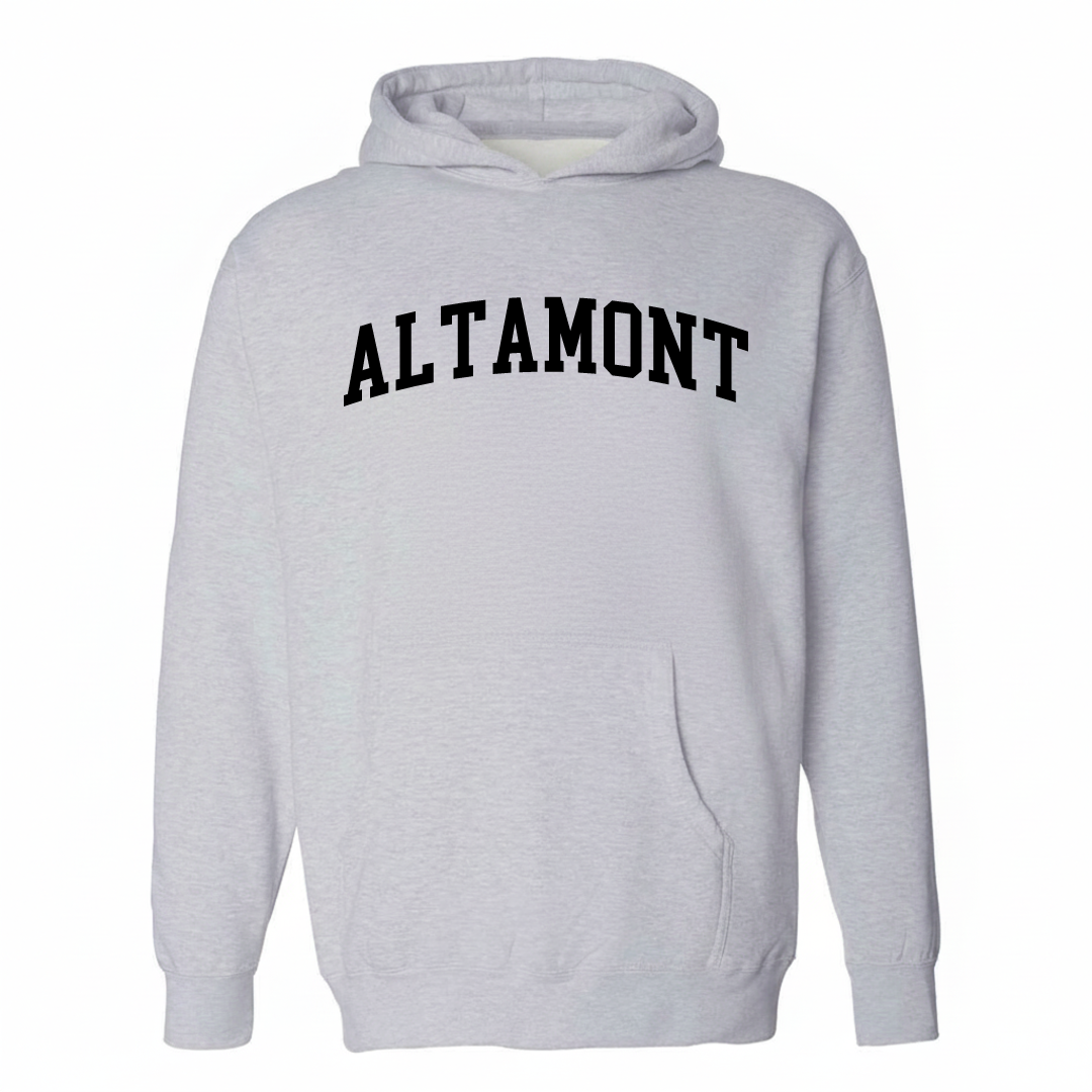 Heather-gray hoodie with the Altamont arched varsity lettering design on the chest.