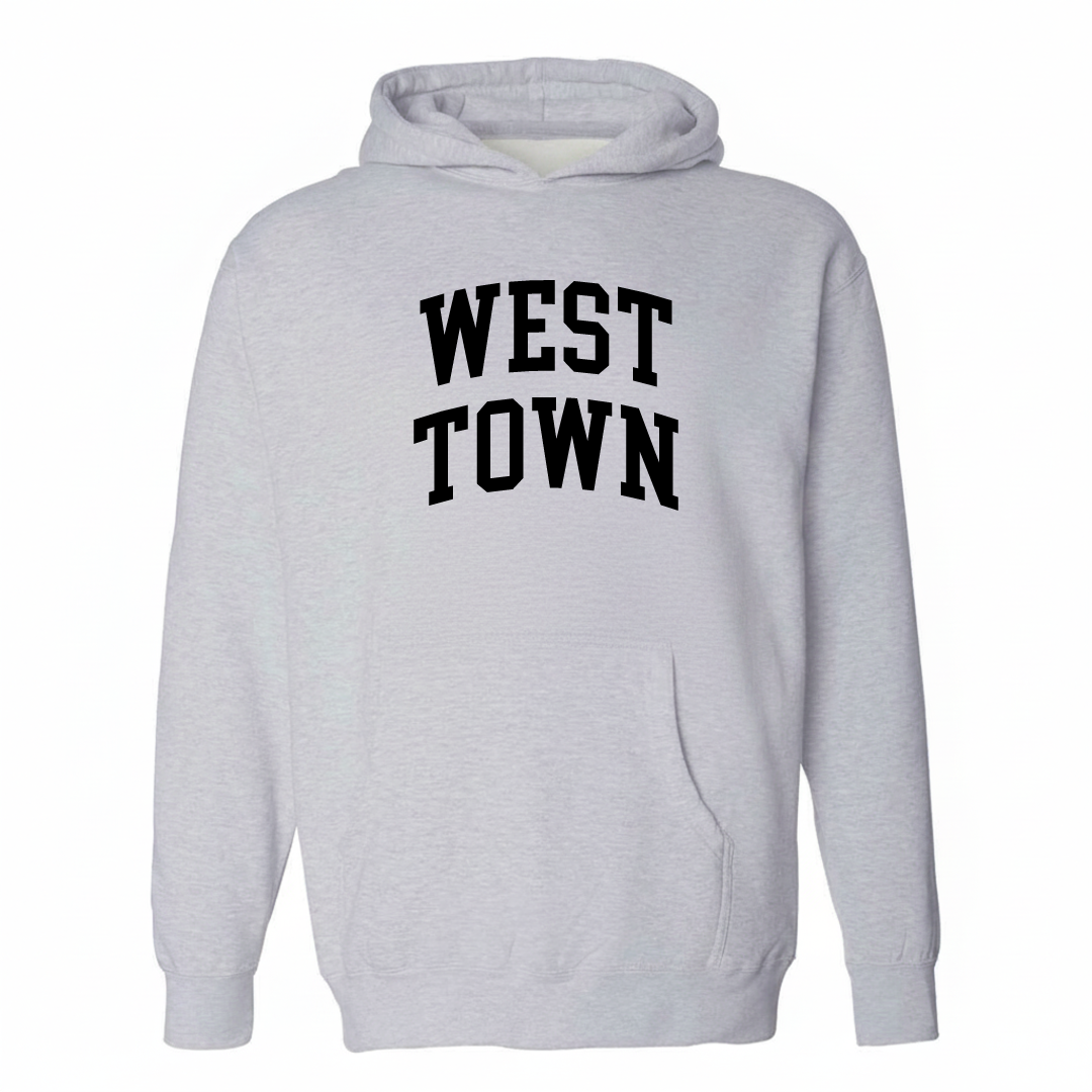 Heather-gray hoodie with the West Town arched lettering design on the chest.