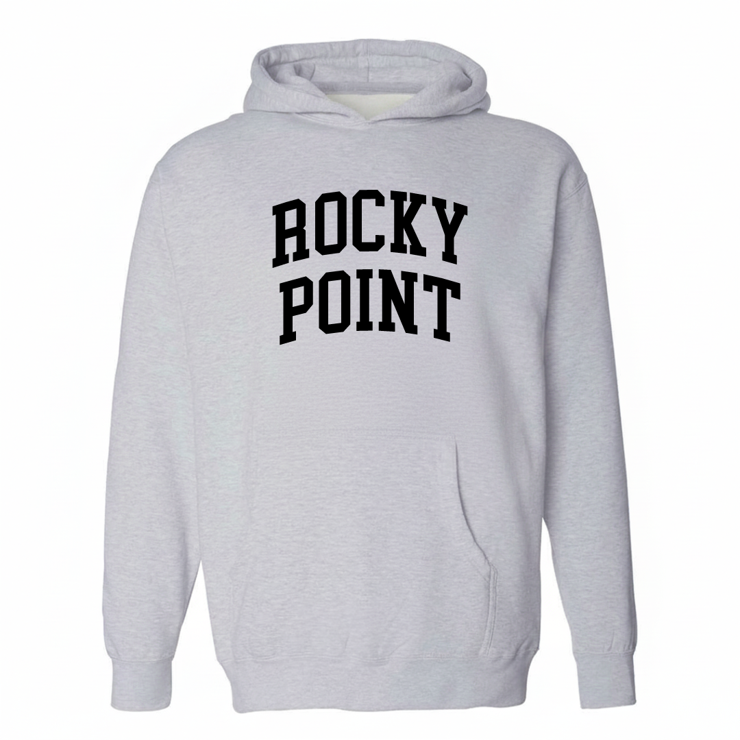 Heather-gray hoodie with the Rocky Point arched varsity lettering design on the chest.