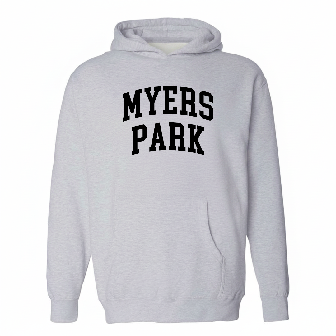 Heather-gray hoodie with the Myers Park varsity arched lettering design on the chest.