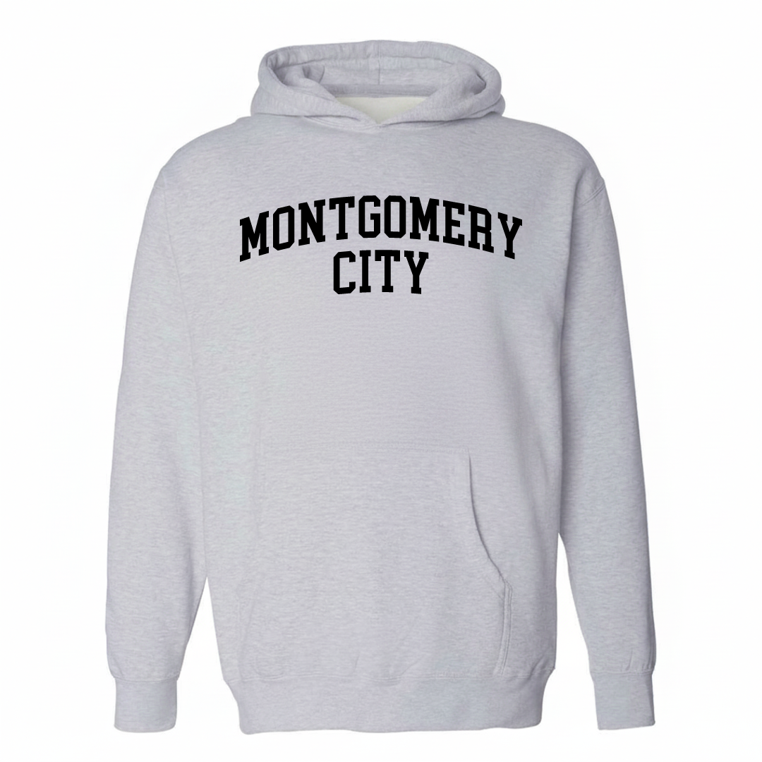 Heather-gray hoodie with the Montgomery City arched varsity lettering design on the chest.