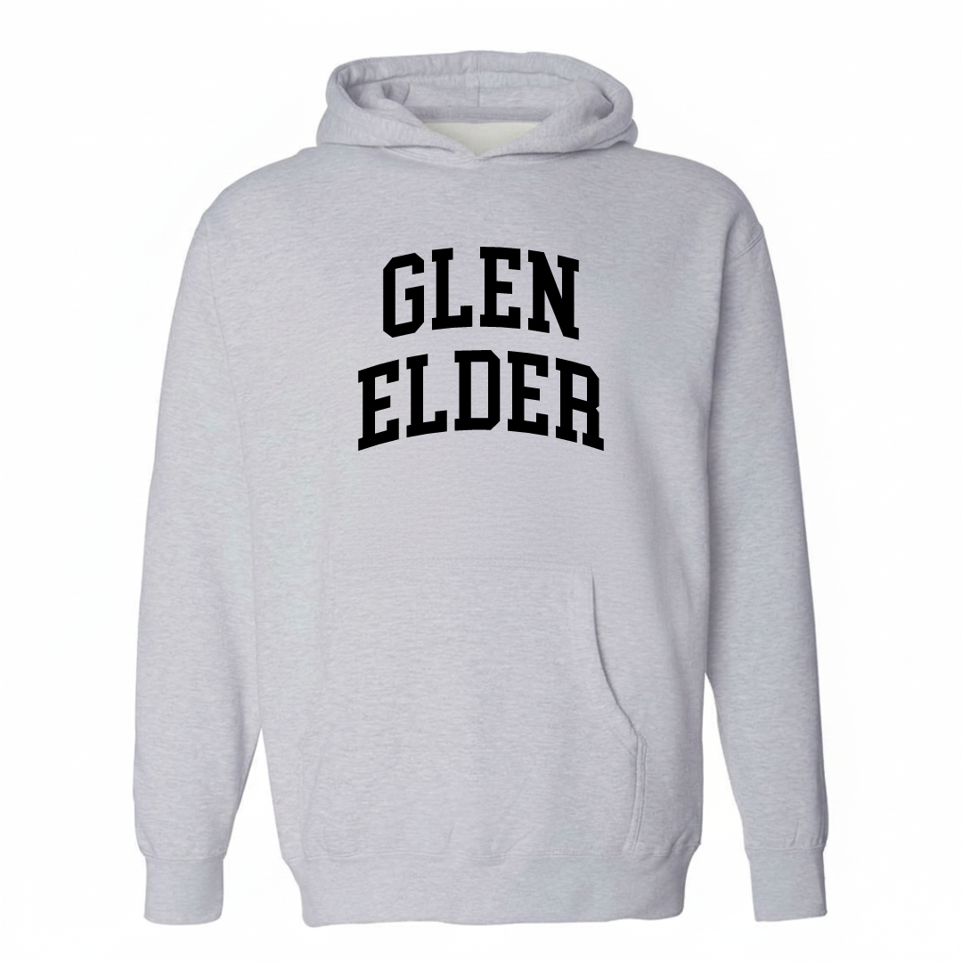 Heather-gray hoodie with the Glen Elder varsity arched lettering design on the chest.