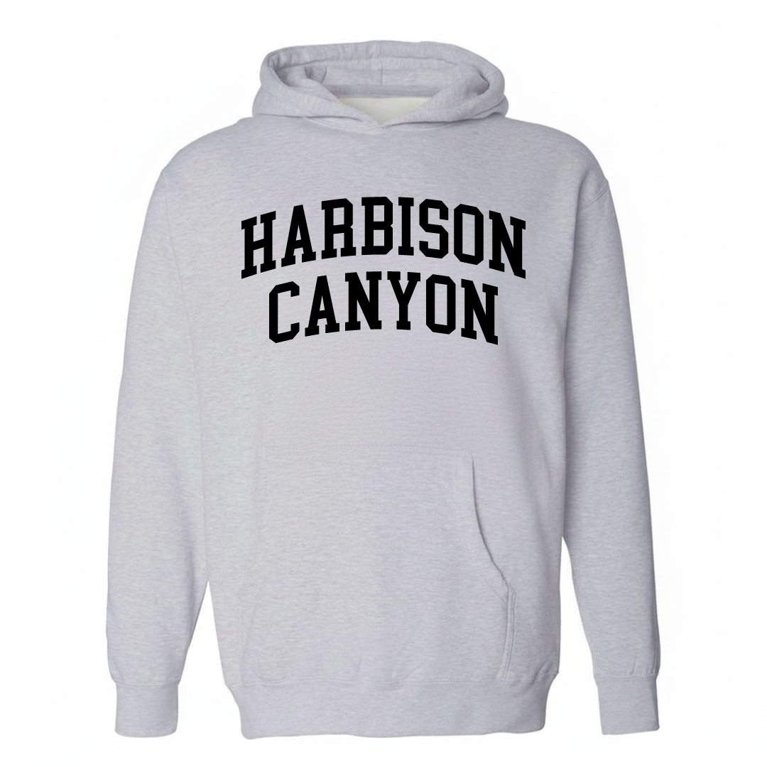 Heather-gray hoodie with the Harbison Canyon varsity arched lettering design on the chest.