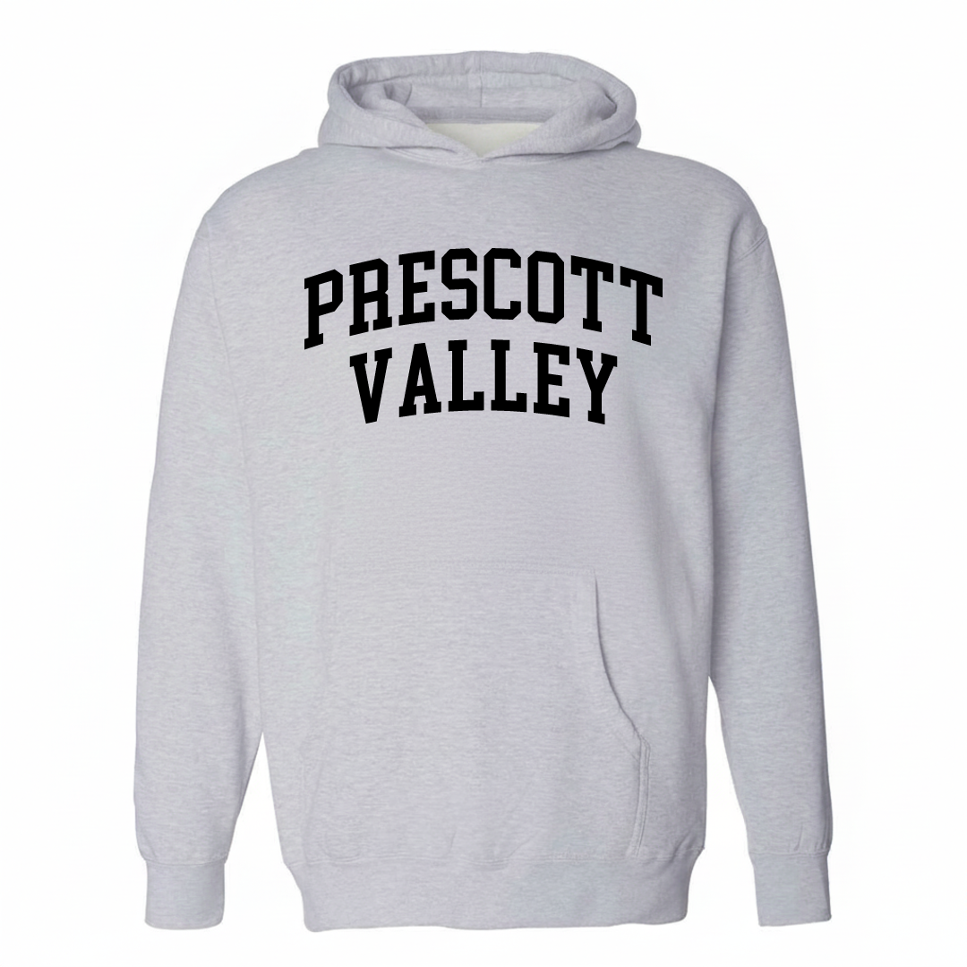 Heather-gray hoodie with the Prescott Valley varsity arched lettering design on the chest.