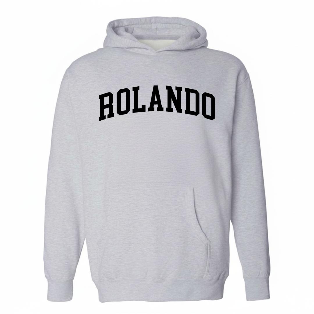 Heather-gray hoodie with the Rolando arched varsity lettering design on the chest.
