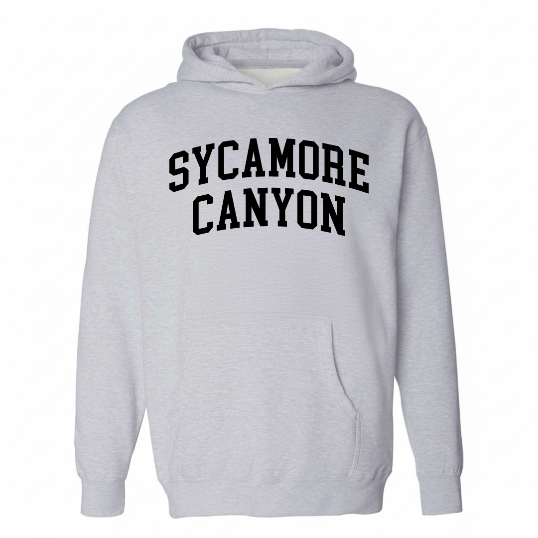 Heather-gray hoodie with the Sycamore Canyon varsity arched lettering design on the chest.
