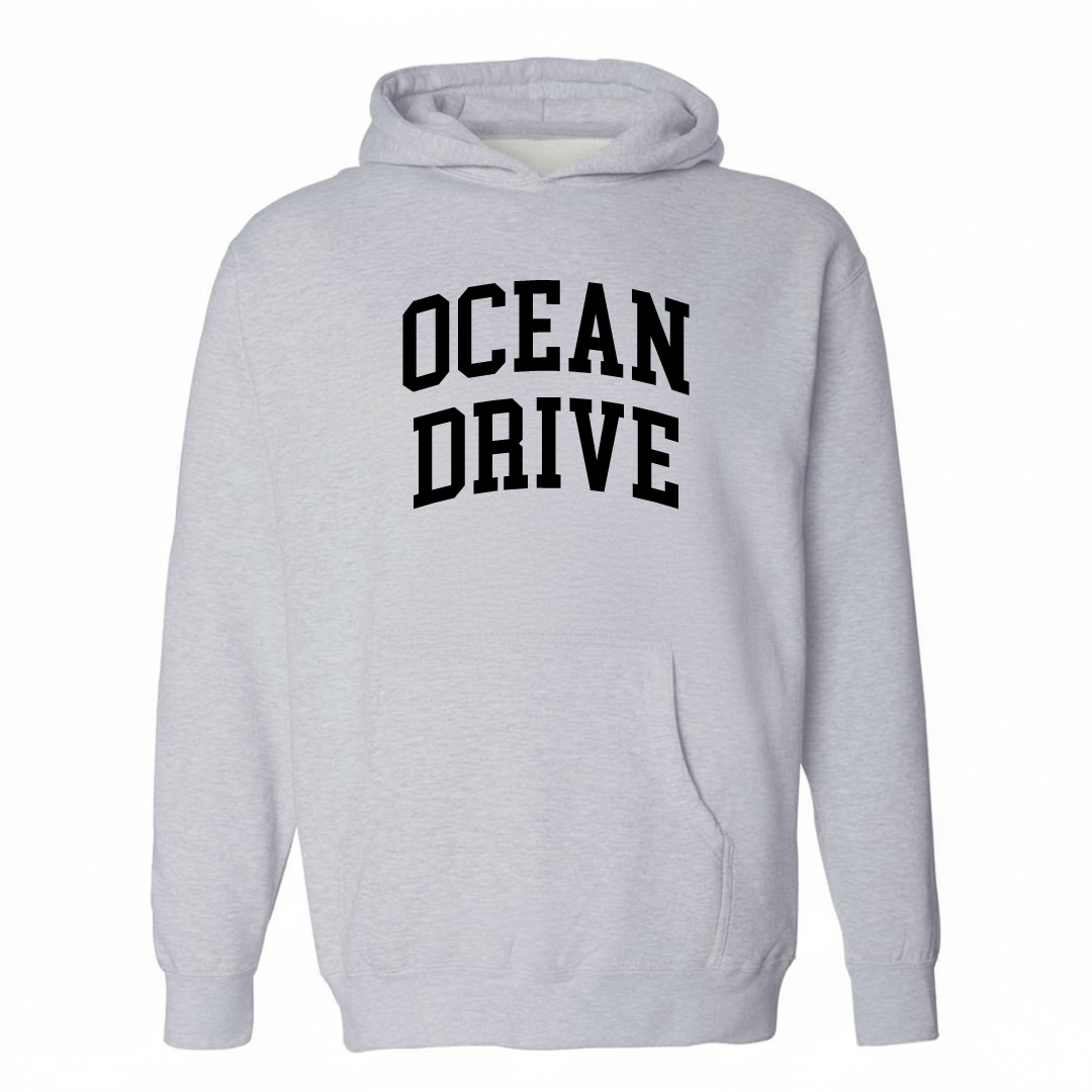 Heather-gray hoodie with the Ocean Drive arched varsity lettering design on the chest.