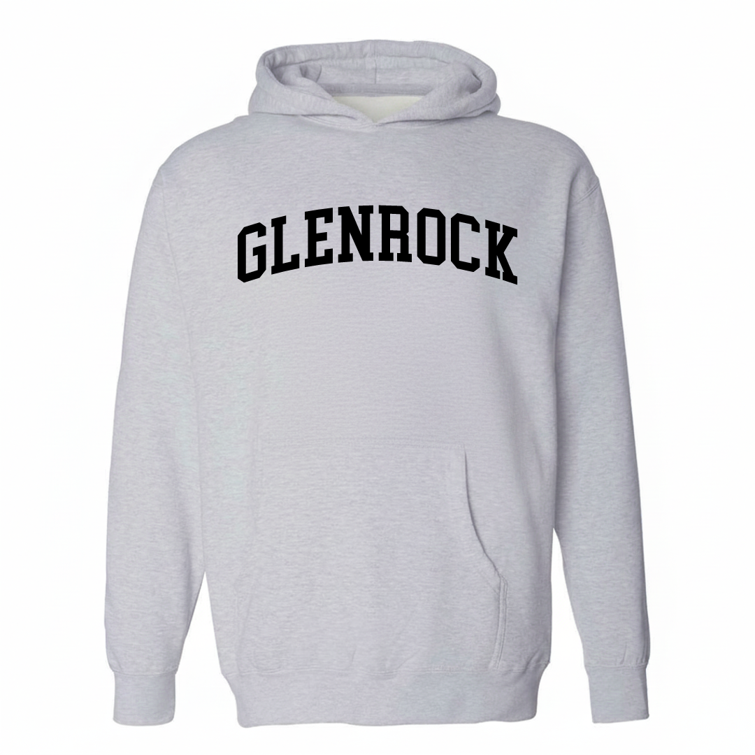 Heather-gray hoodie with the Glenrock varsity arched lettering design on the chest.