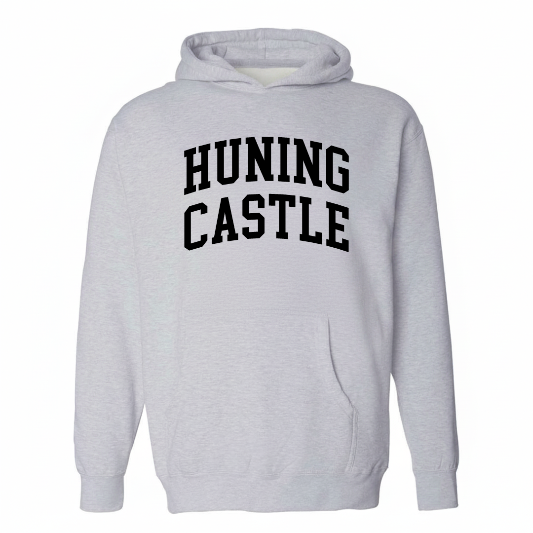 Heather-gray hoodie with the Huning Castle varsity arched lettering design on the chest.