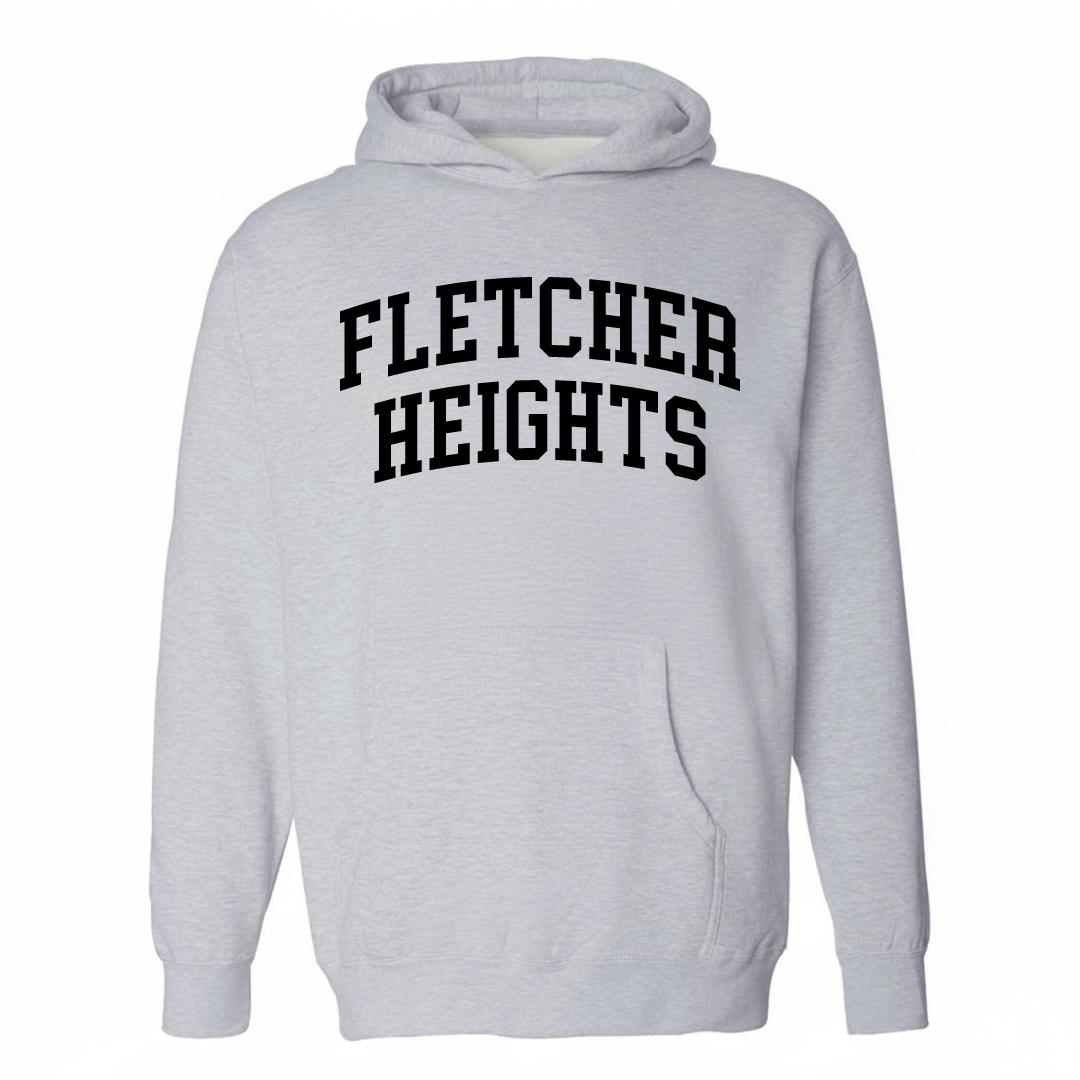 Heather-gray hoodie with the Fletcher Heights arched lettering varsity-collegiate design on the chest.