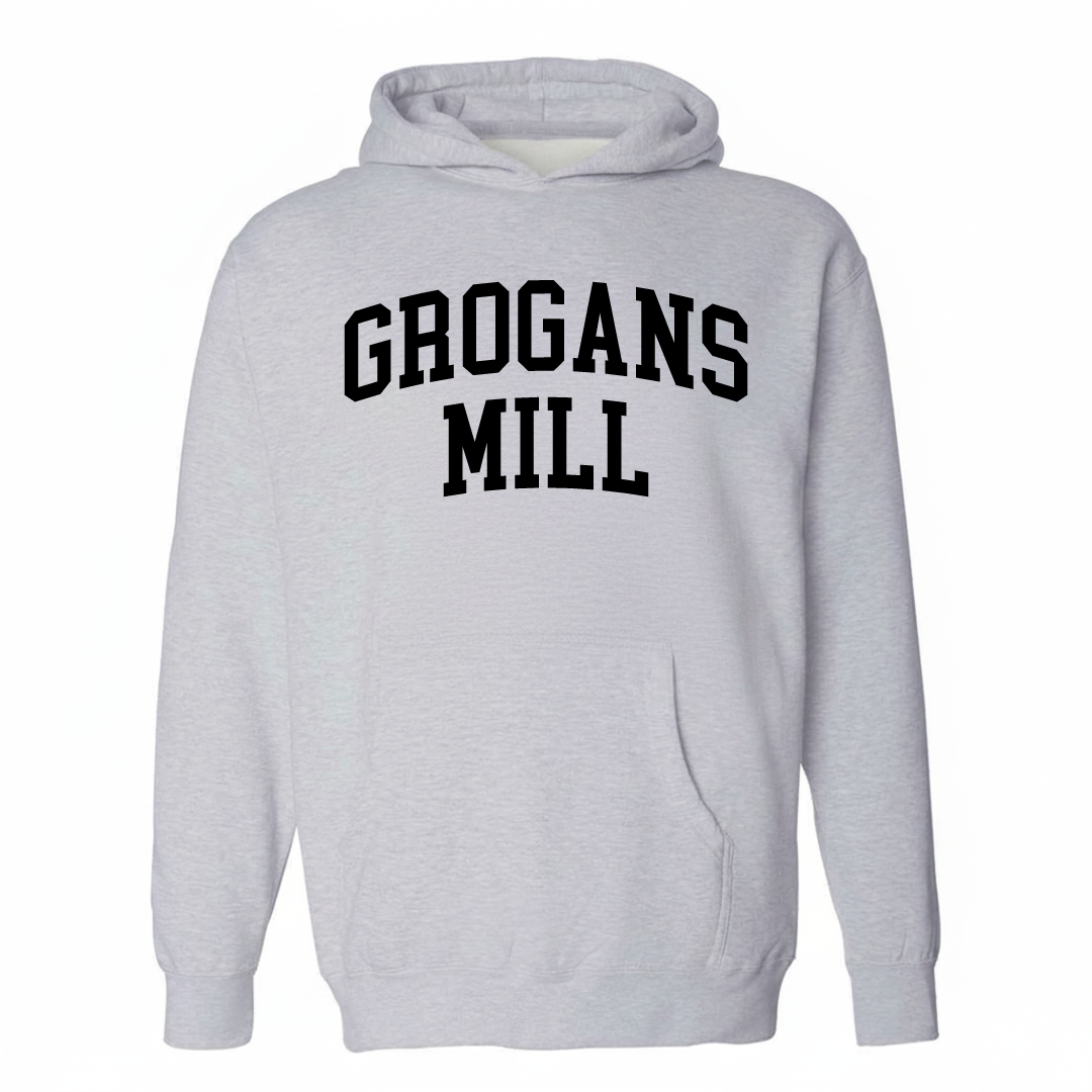 Heather-gray hoodie with the Grogan's Mill arched lettering design on the chest.