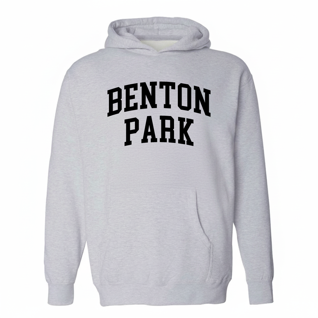 Heather-gray hoodie with the Benton Park varsity arched lettering design on the chest.