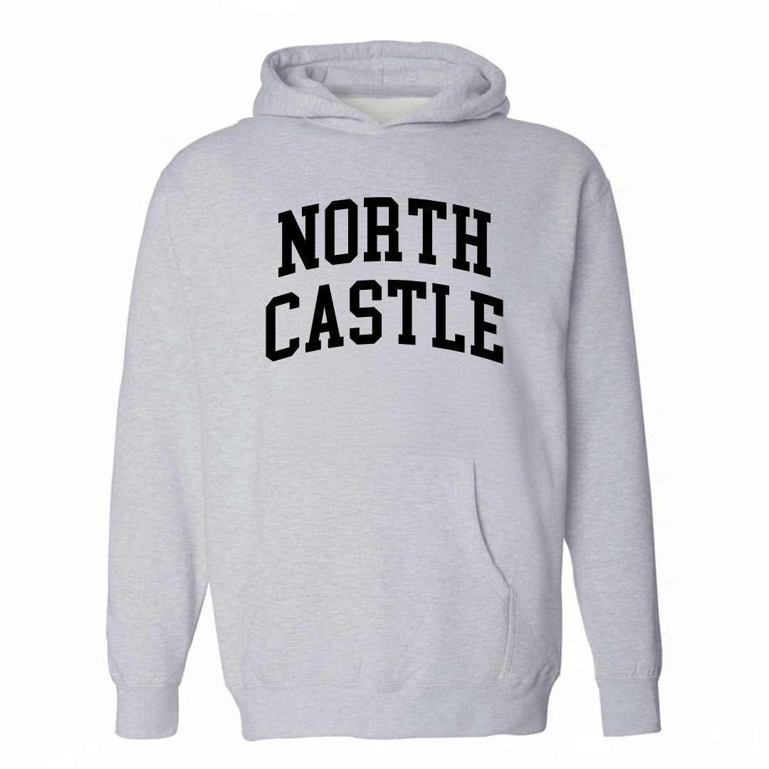 Heather-gray hoodie with the North Castle varsity arched lettering design on the chest.