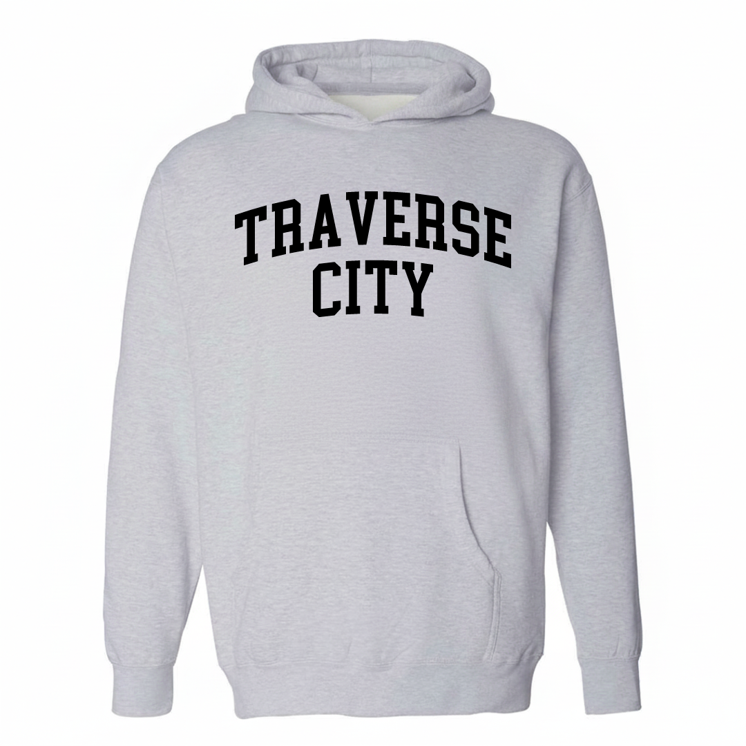 Heather-gray hoodie with the Traverse City arched lettering design on the chest.