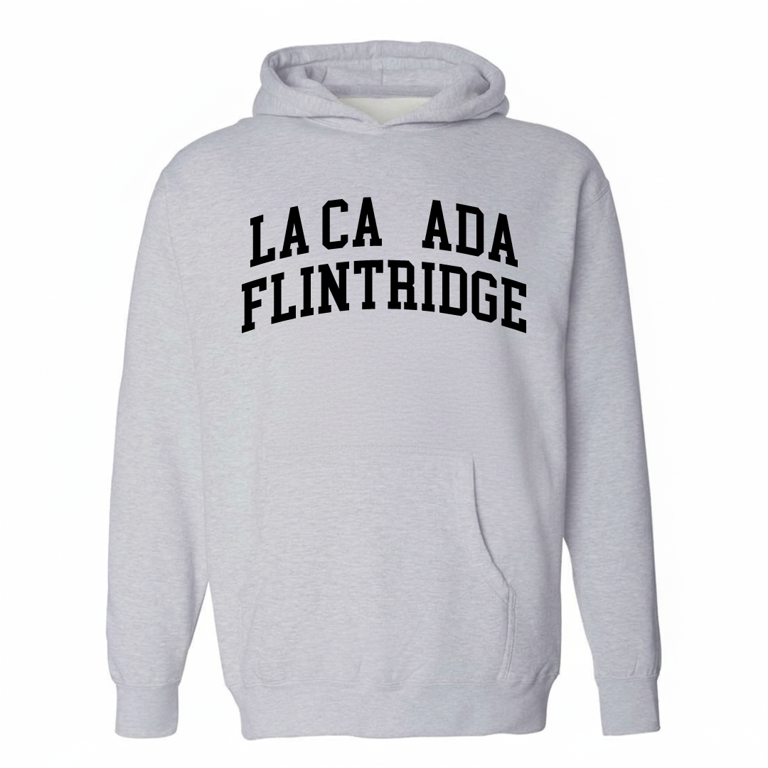 Heather-gray hoodie with the La Cañada Flintridge varsity arched lettering design on the chest.