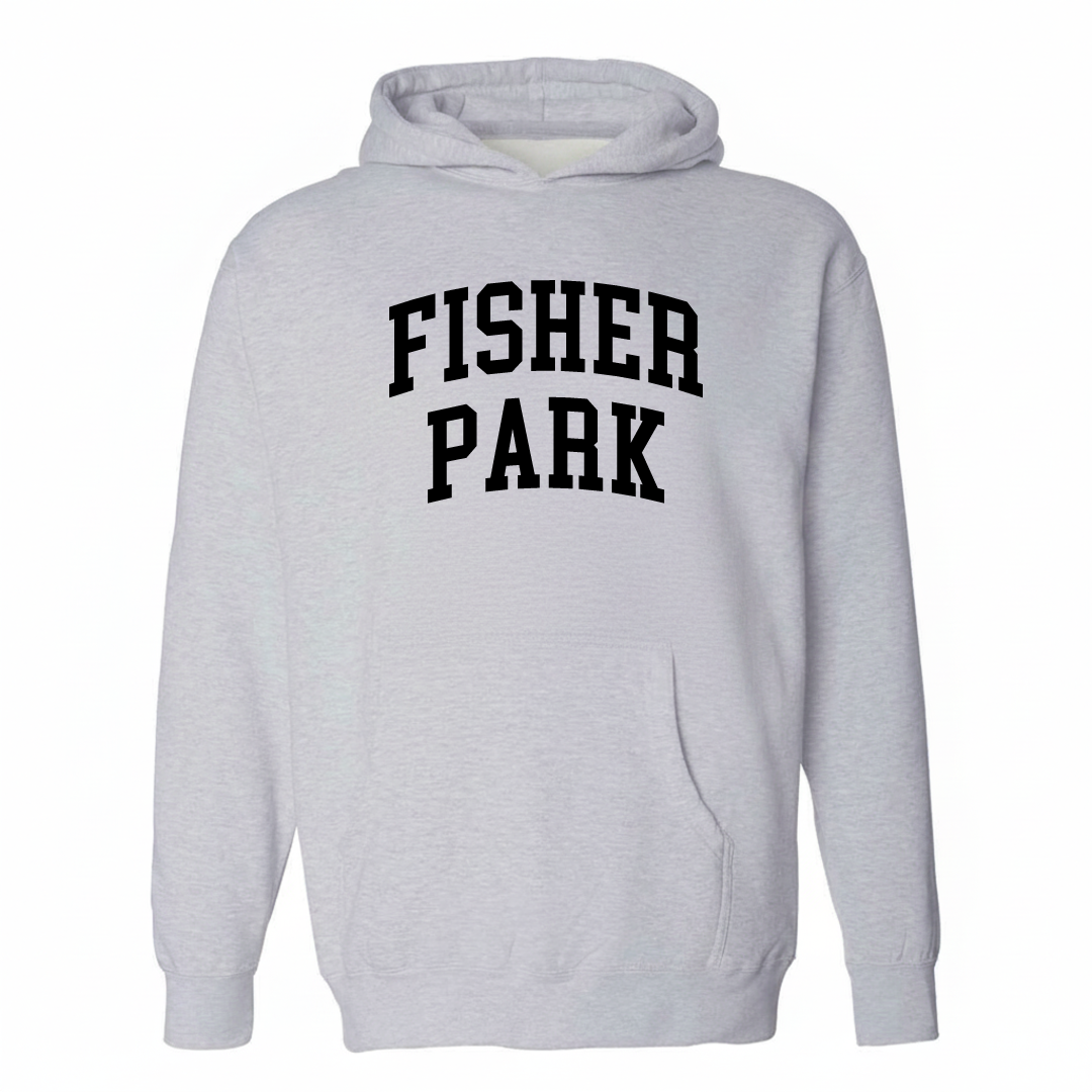 Heather-gray hoodie with the Fisher Park arched varsity lettering design on the chest.