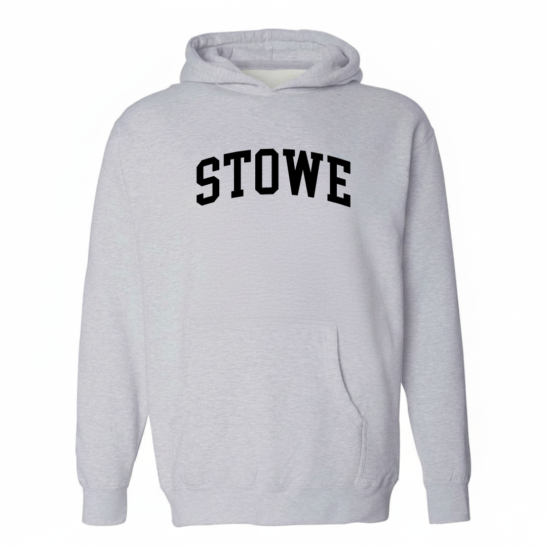 Heather-gray hoodie with the Stowe Vermont varsity arched lettering design on the chest.