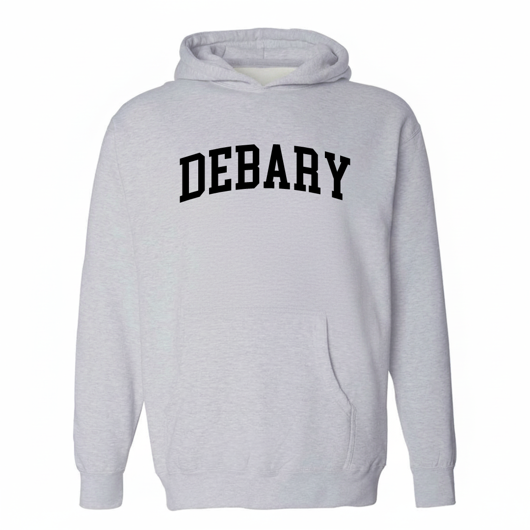 Heather-gray hoodie with the DeBary varsity arched lettering design on the chest.