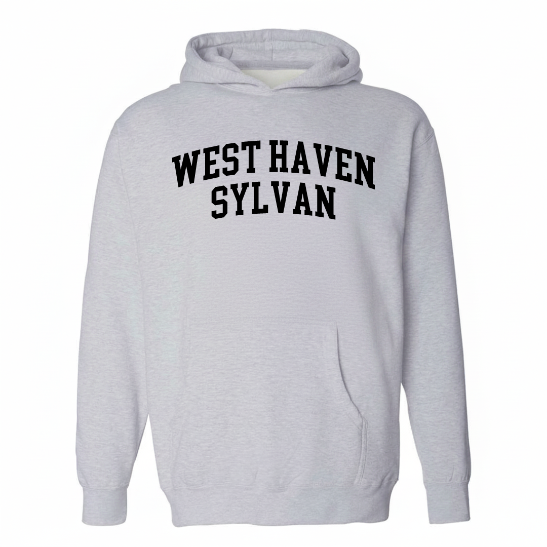 Heather-gray hoodie with the West Haven-Sylvan varsity arched lettering design on the chest.