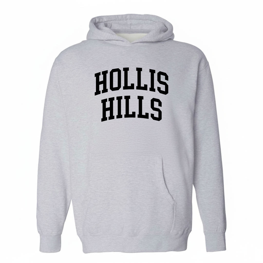 Heather-gray hoodie with the Hollis Hills varsity arched lettering design on the chest.