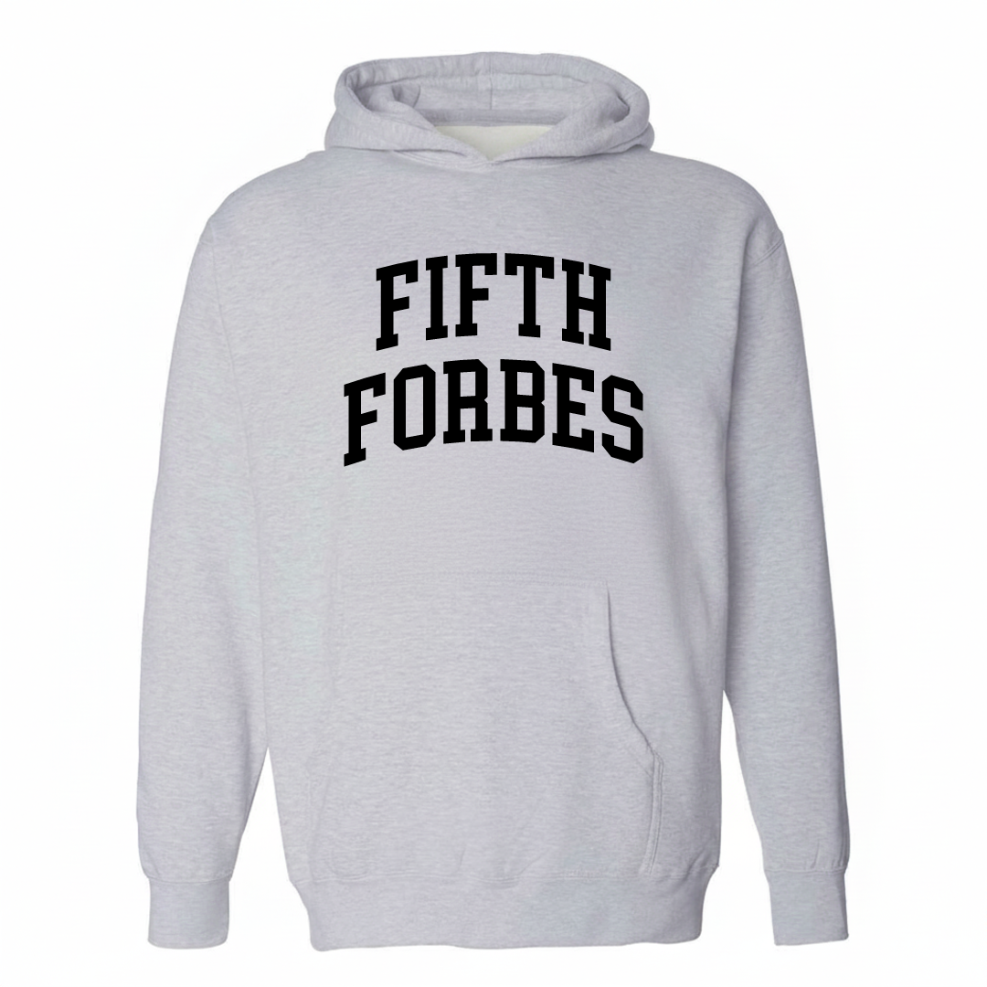 Heather-gray hoodie with the Fifth & Forbes arched varsity lettering design on the chest.