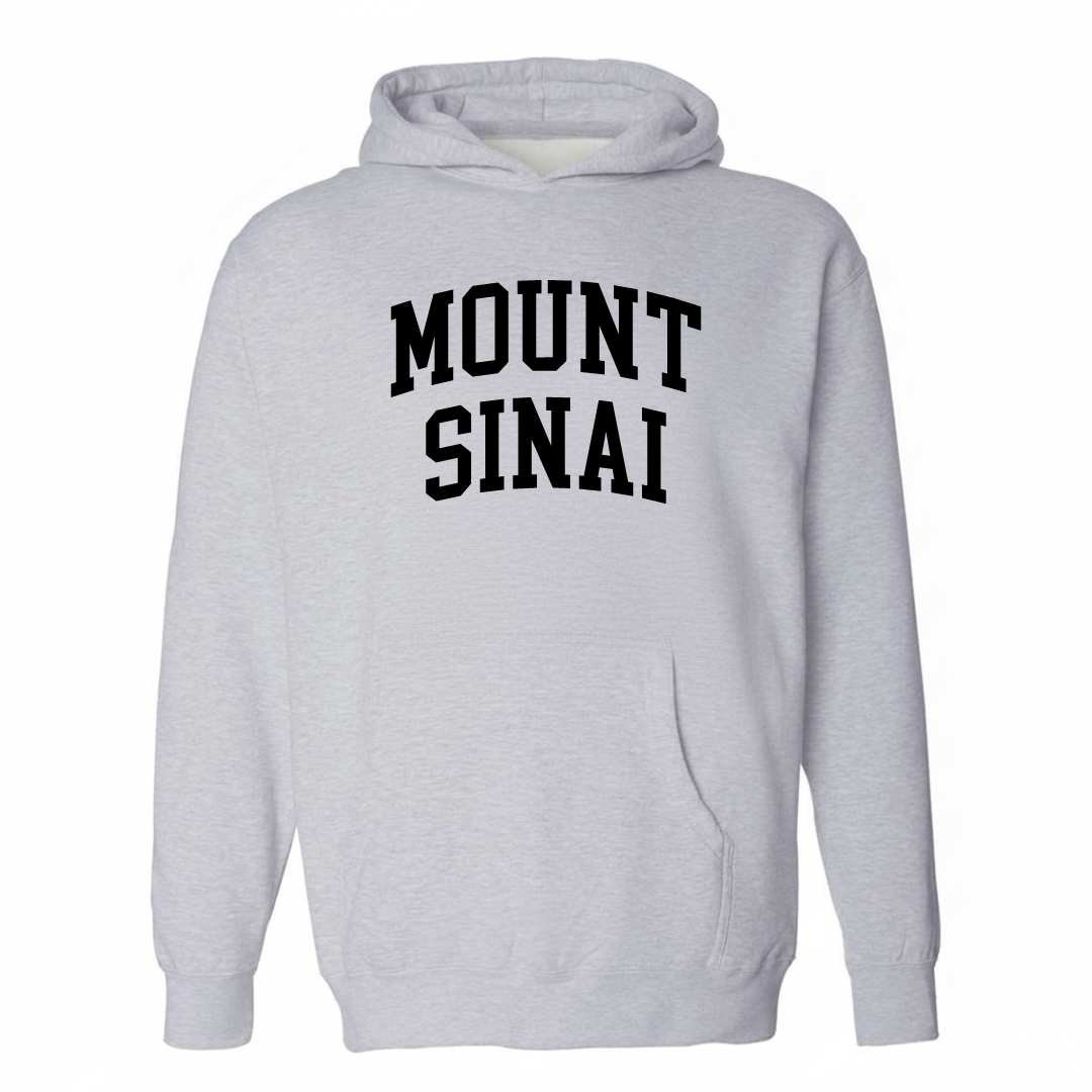Heather-gray hoodie with the Mount Sinai varsity arched lettering design on the chest.