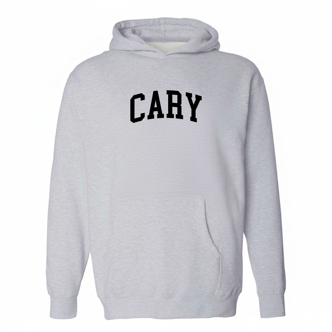 Heather-gray hoodie with the Cary varsity arched lettering design on the chest.