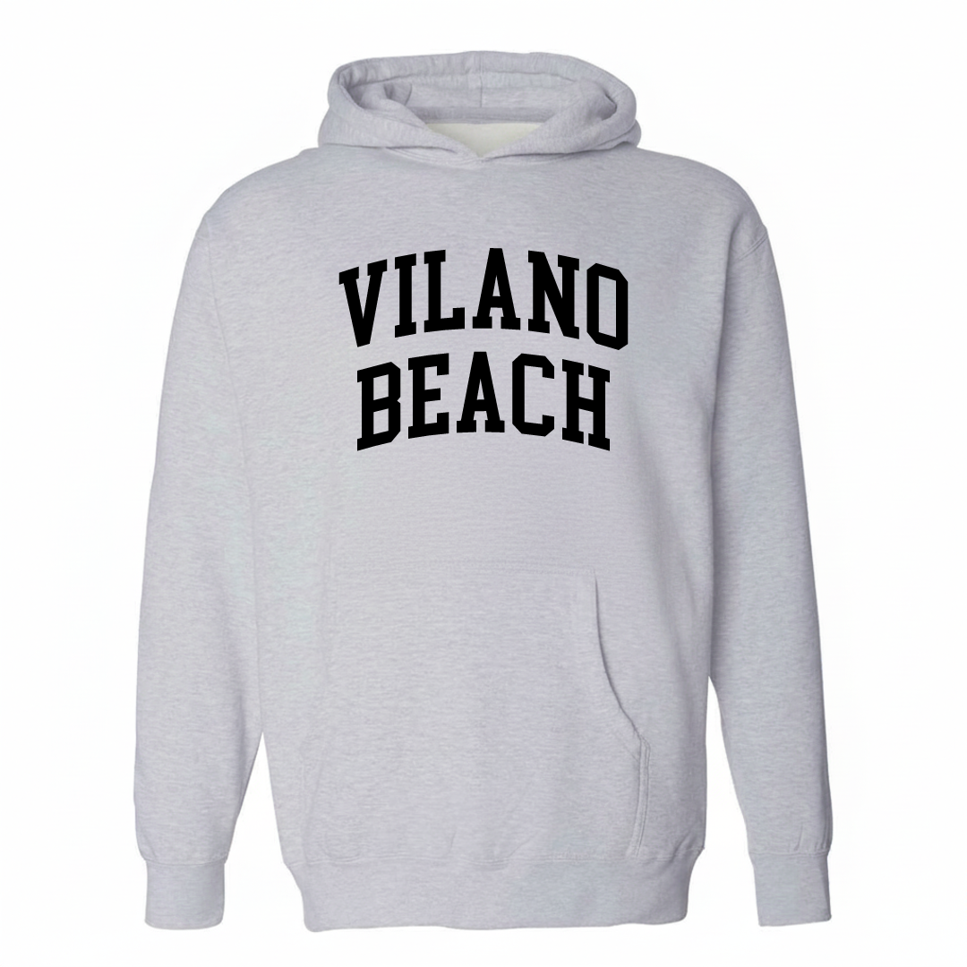 Heather-gray hoodie with the Vilano Beach arched lettering design on the chest.