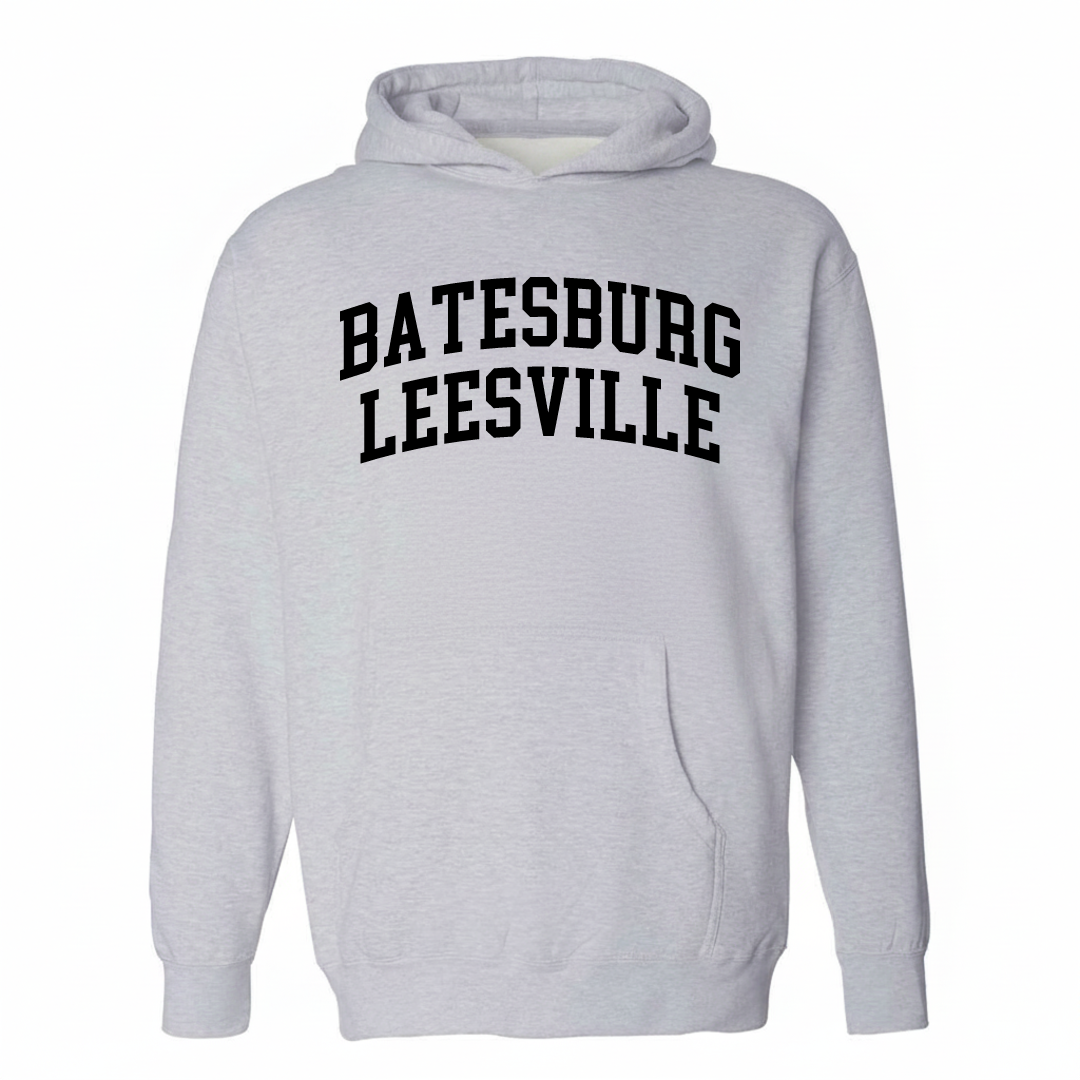 Heather-gray hoodie with the Batesburg-Leesville varsity arched lettering design on the chest.