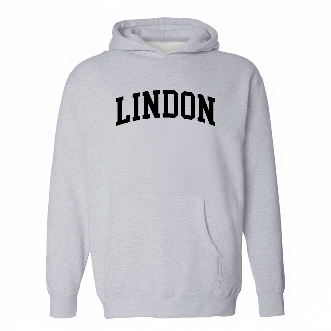 Heather-gray hoodie with the Lindon arched varsity lettering design on the chest.