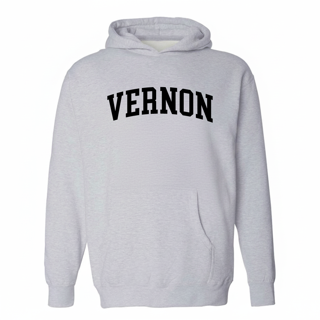 Heather-gray hoodie with the Vernon arched lettering varsity-collegiate design on the chest.