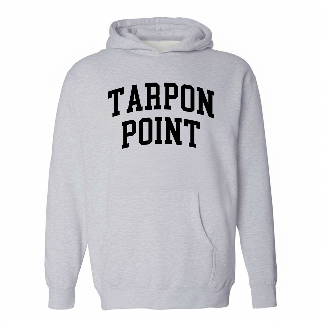 Heather-gray hoodie with the Tarpon Point varsity arched lettering design on the chest.