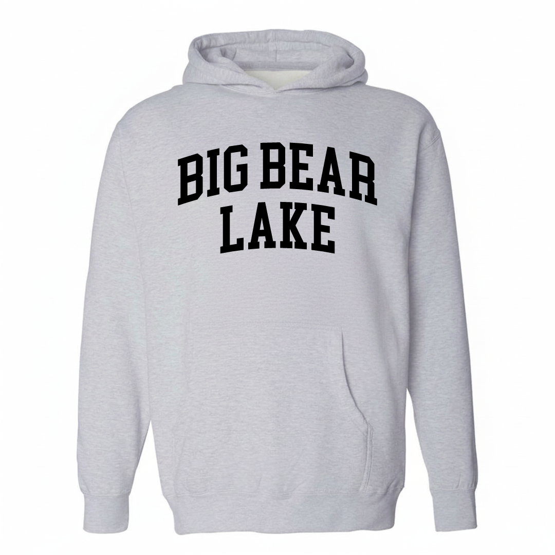 Heather-gray hoodie with the Big Bear Lake arched varsity lettering design on the chest.