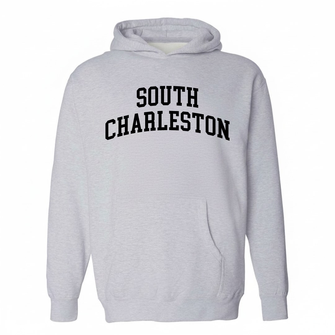 Heather-gray hoodie with the South Charleston varsity arched lettering design on the chest.