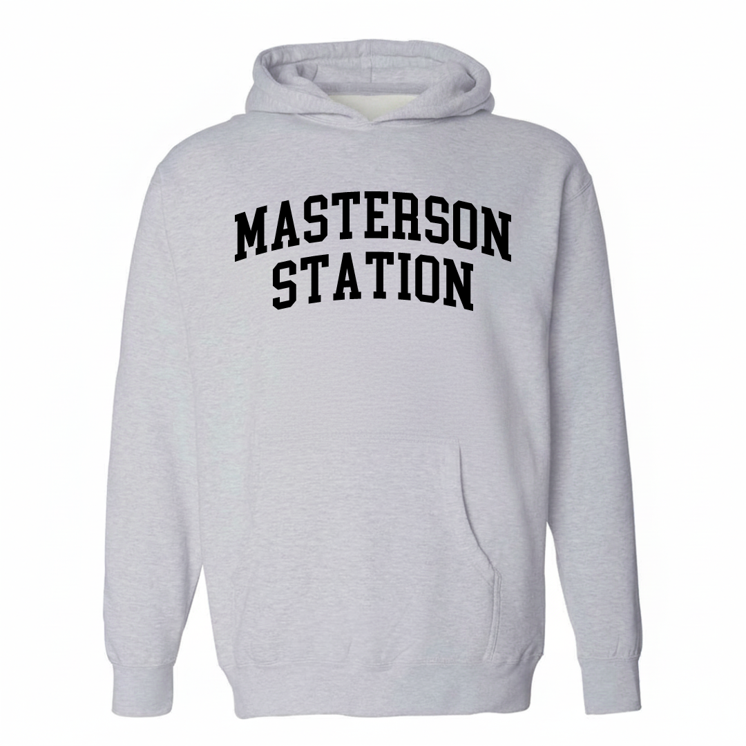 Heather-gray hoodie with the Masterson Station varsity arched lettering design on the chest.