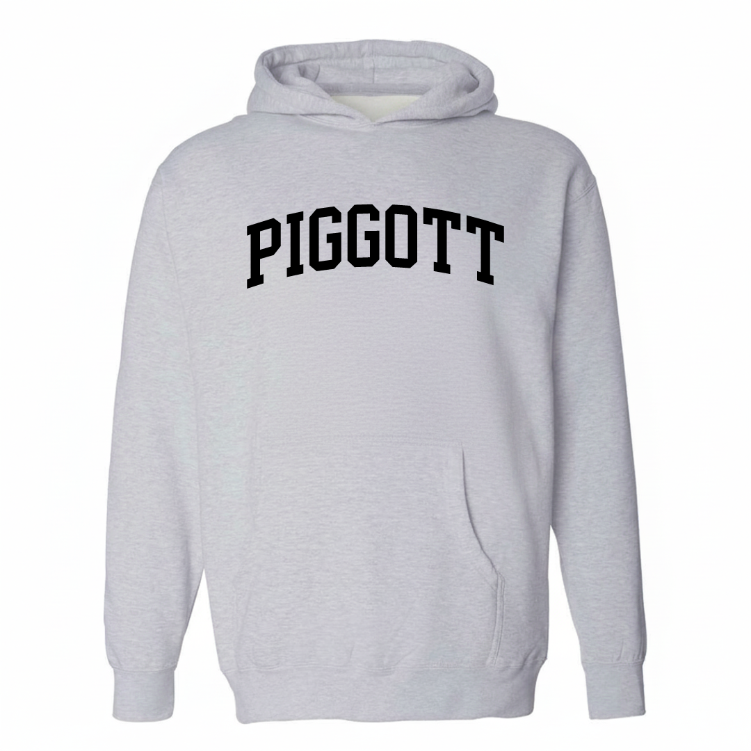 Heather-gray hoodie with the Piggott arched lettering varsity-collegiate design on the chest.