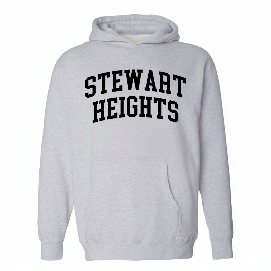 Heather-gray hoodie with the Stewart Heights varsity arched lettering design on the chest.