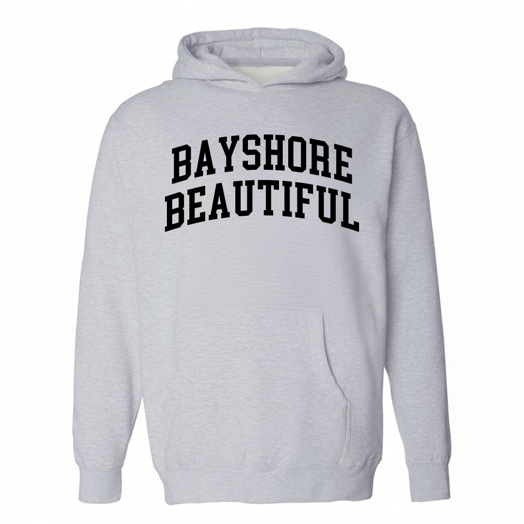 Heather-gray hoodie with the Bayshore Beautiful varsity arched lettering design on the chest.
