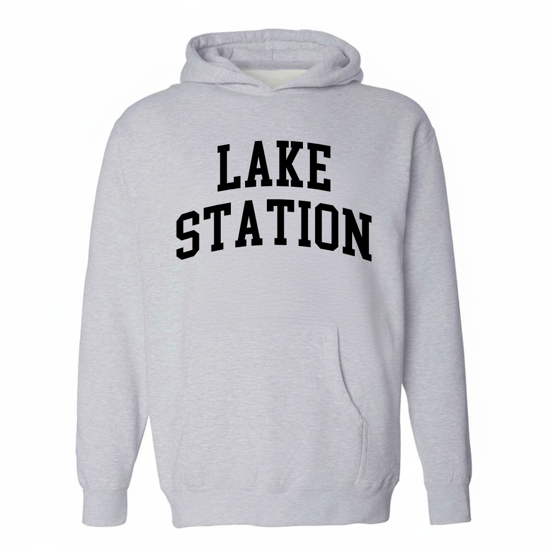 Heather-gray hoodie with the Lake Station arched lettering varsity-collegiate design on the chest.