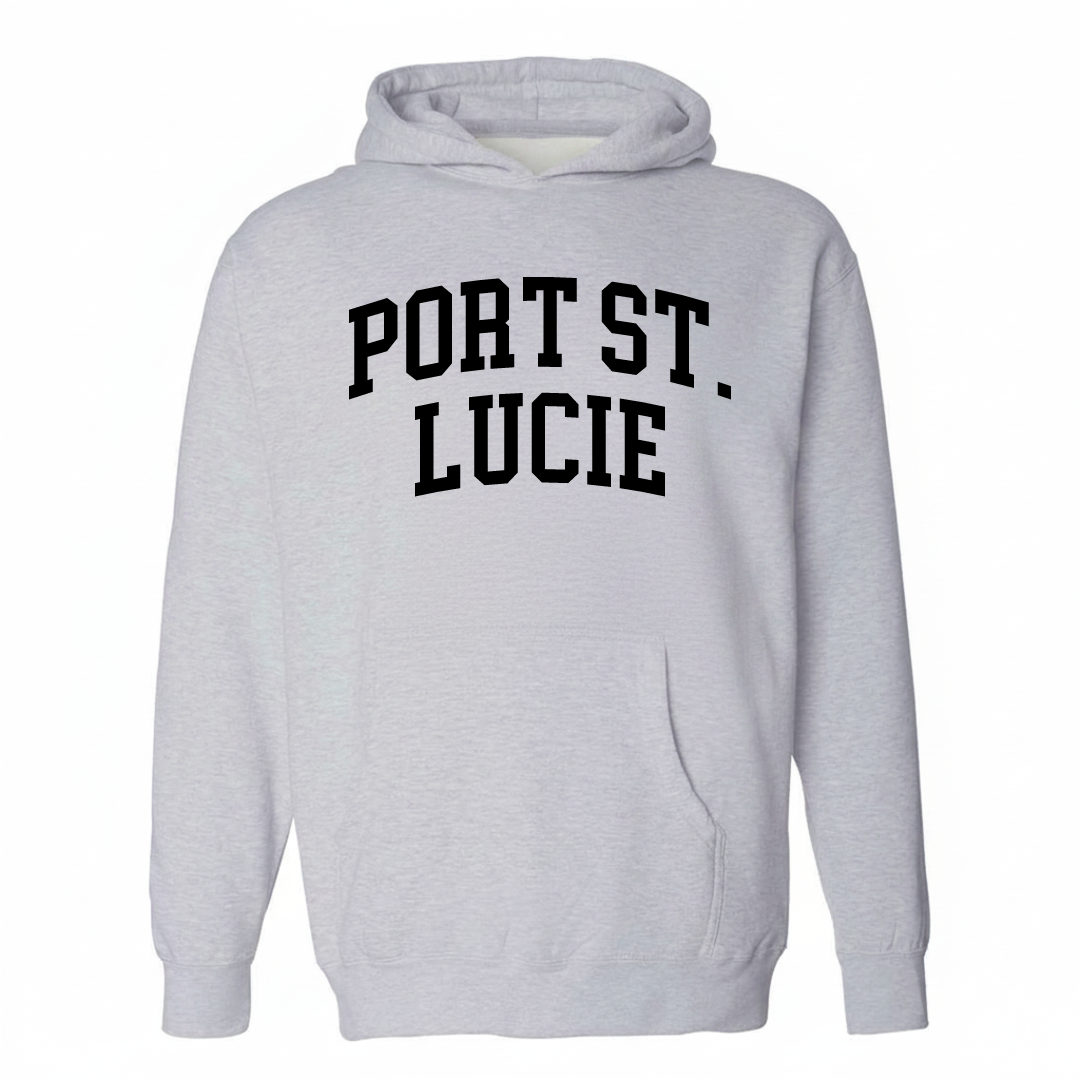 Heather-gray hoodie with the Port St. Lucie arched lettering design on the chest.