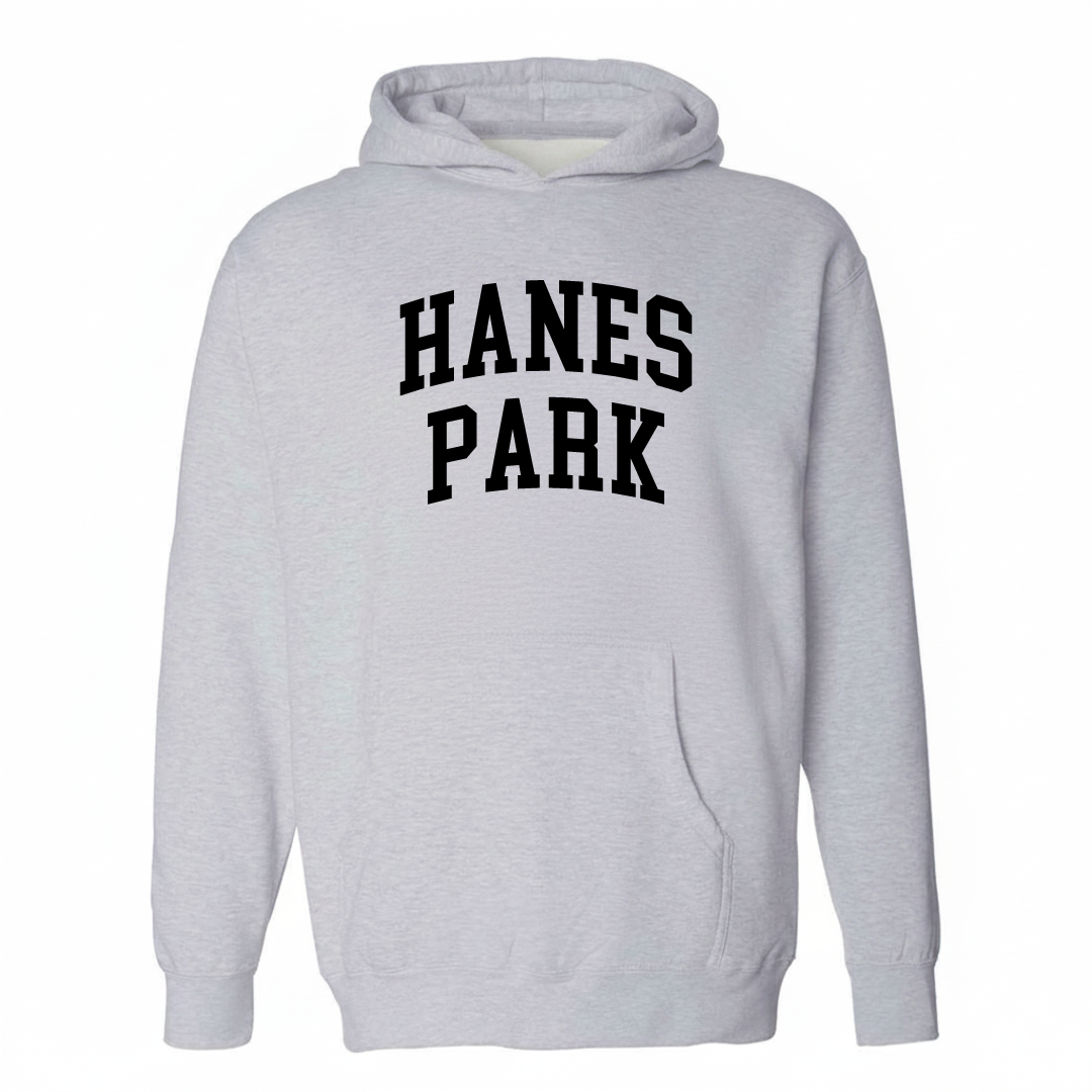 Heather-gray hoodie with the Hanes Park varsity arched lettering design on the chest.