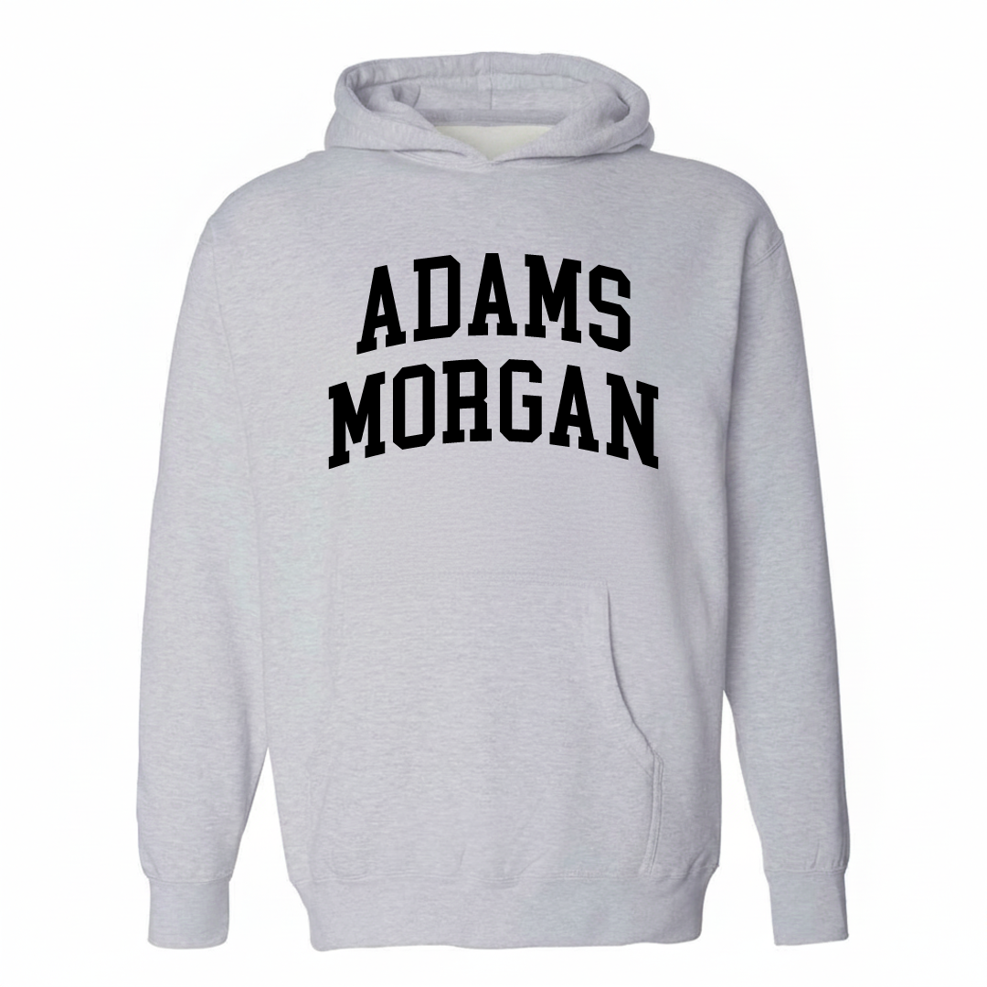 Heather-gray hoodie with Adams Morgan arched varsity lettering design on the chest.