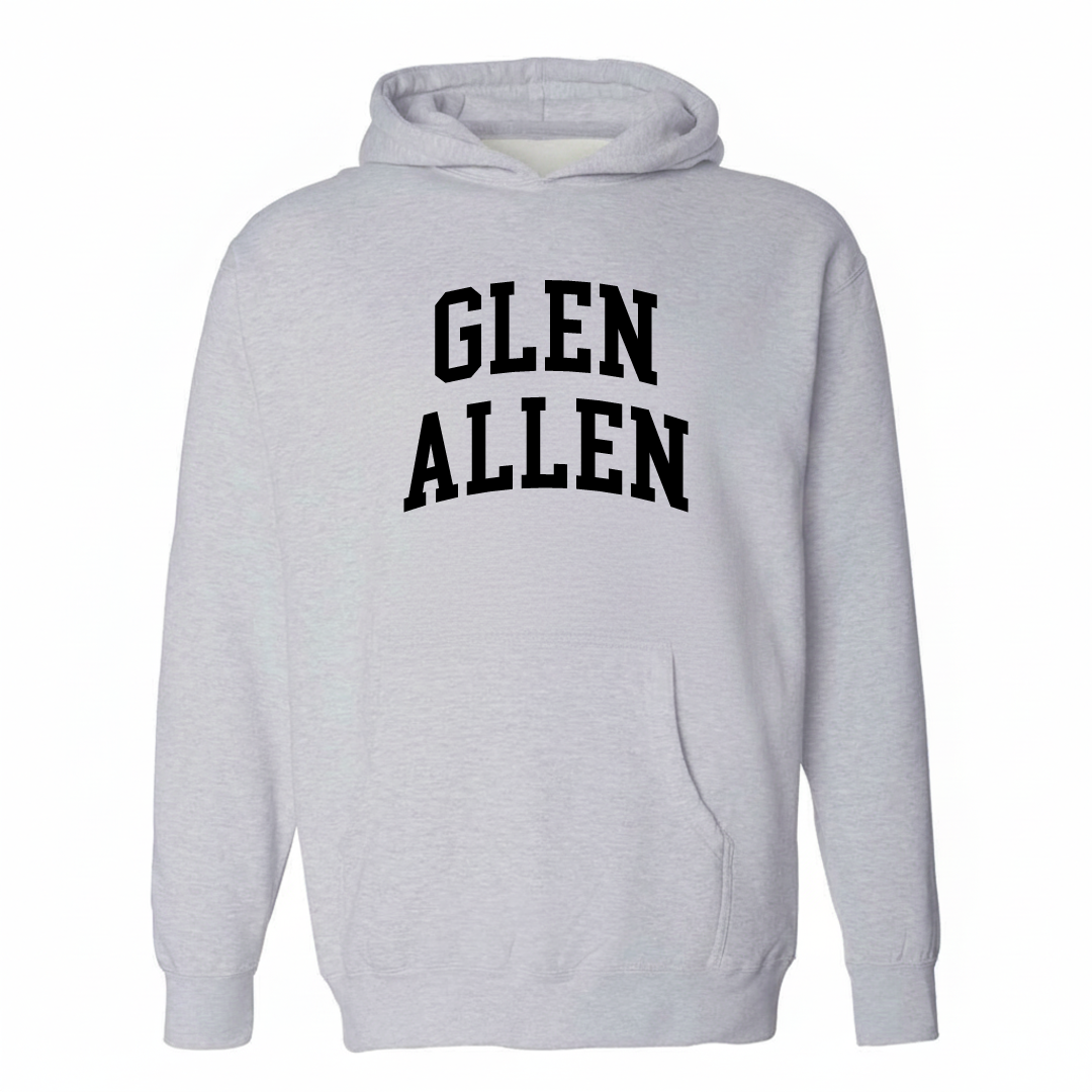 Heather-gray hoodie with the Glen Allen varsity arched lettering design on the chest.