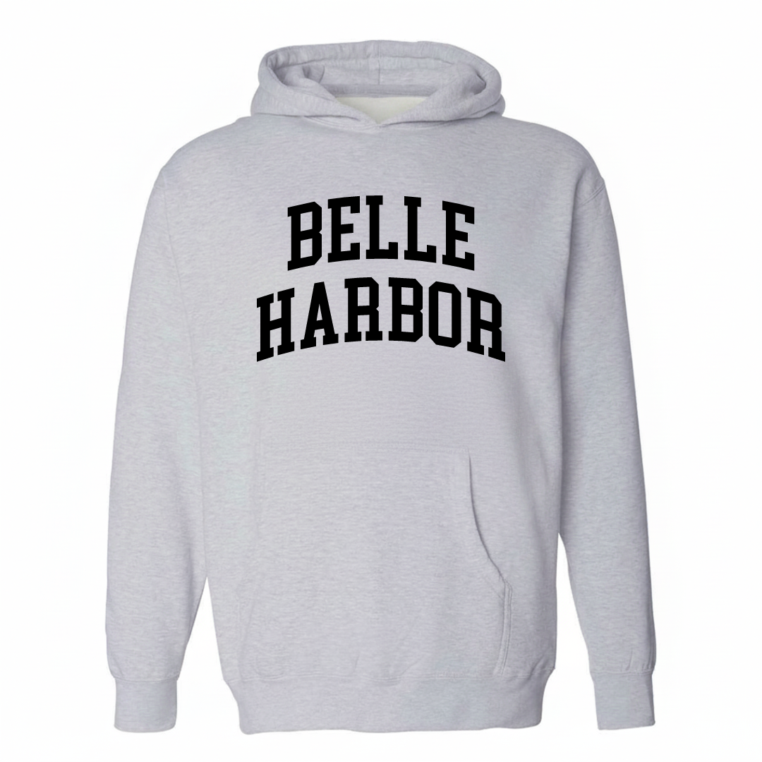 Heather-gray hoodie with the Belle Harbor arched varsity lettering design on the chest.
