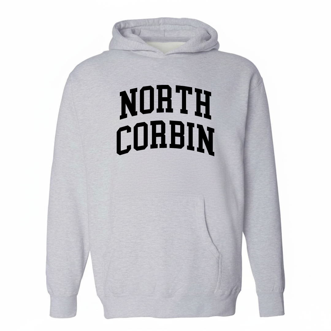 Heather-gray hoodie with the North Corbin arched varsity lettering design on the chest.