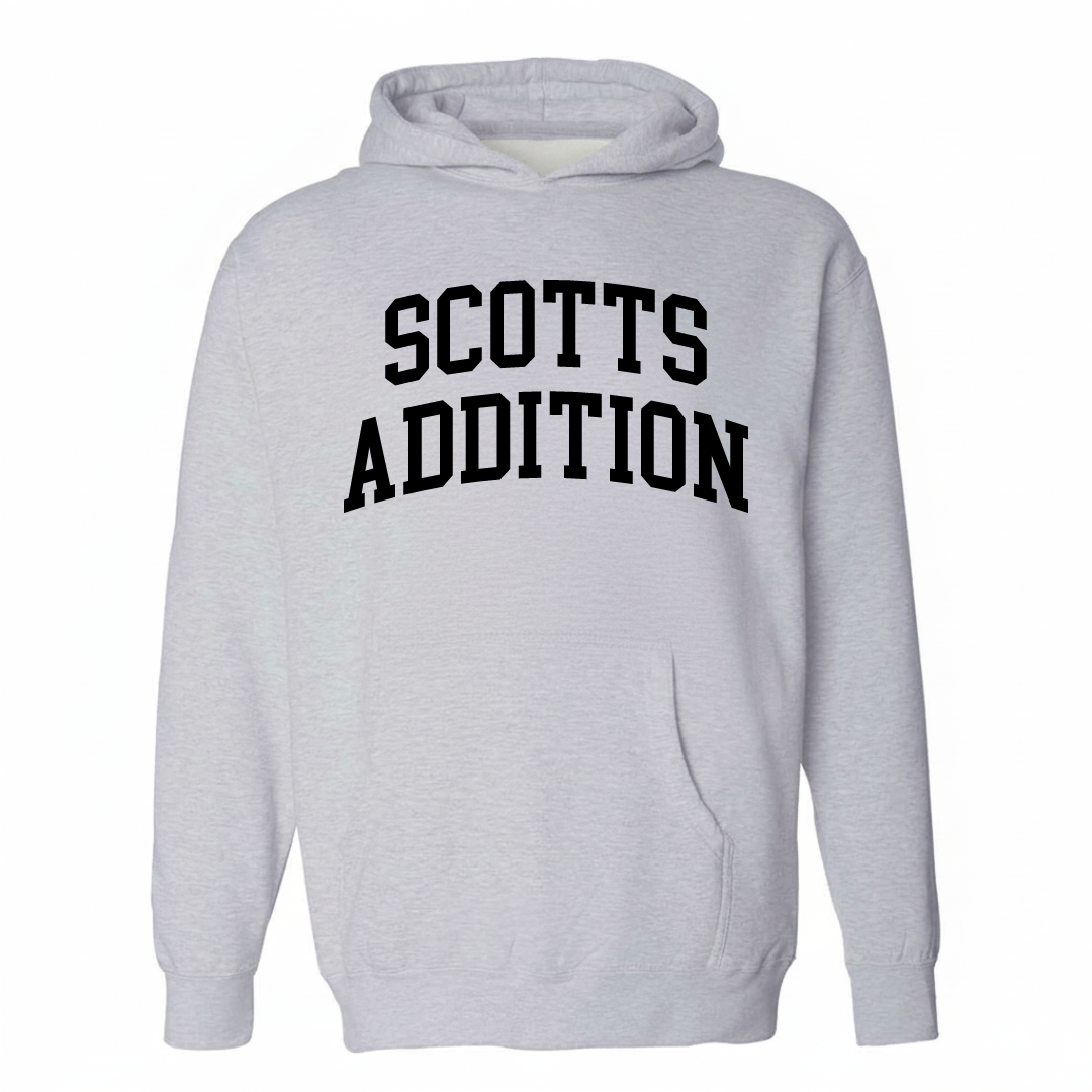 Heather-gray hoodie with the Scott's Addition varsity arched lettering design on the chest.